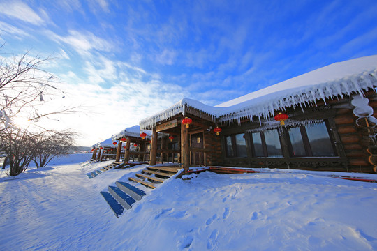 冬季雪原雪乡农舍风光