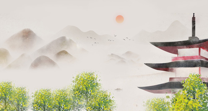 中国风意境水墨建筑山水画