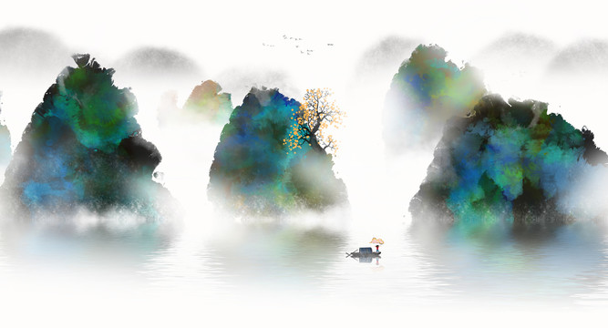 中國風(fēng)藍(lán)色意境山水畫
