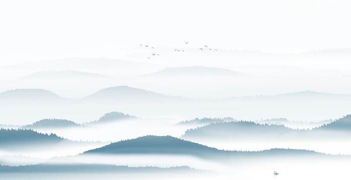 中國(guó)風(fēng)藍(lán)色意境山水畫
