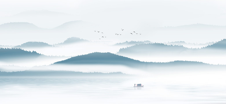 中國風(fēng)藍(lán)色意境山水畫