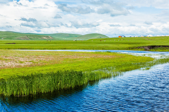 草原牧场蒙古包河流