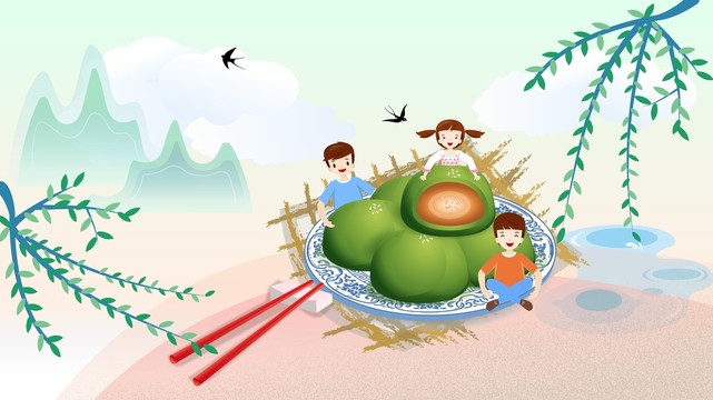清明節(jié)青團(tuán)傳統(tǒng)小吃矢量插畫