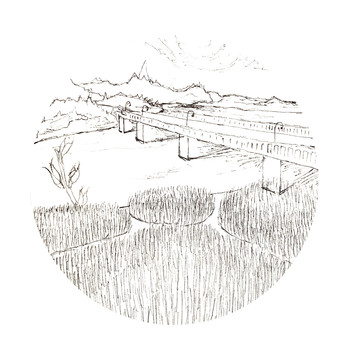 素描大橋稻谷田野