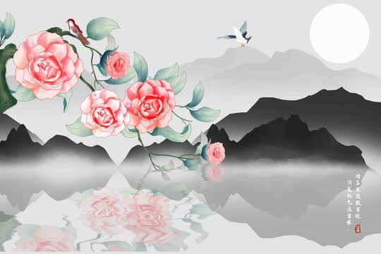 水彩茶花背景墻