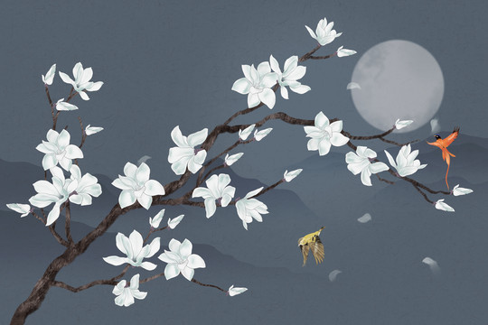 花鳥玉蘭花背景墻