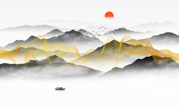 金色線條山水