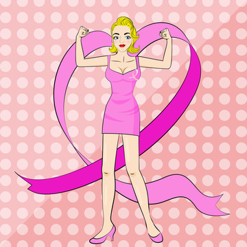 金發(fā)女孩舉拳頭粉色絲帶插圖