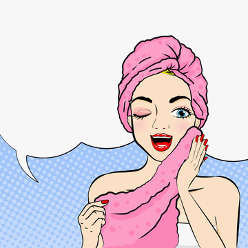 女孩用毛巾擦脸插图