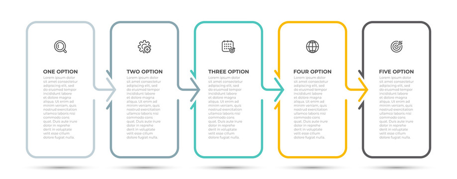 五选项长方形带箭头的流程图模板