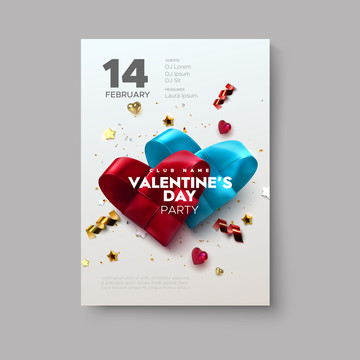红色蓝色心形编织情人节海报设计