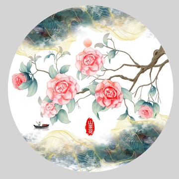 水墨茶花插畫