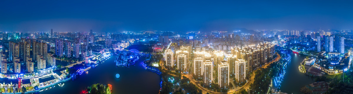 航拍浙江温州城市夜景全景图