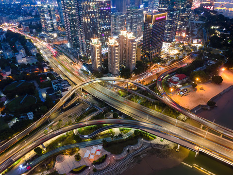 航拍福州城市道路立交桥夜景