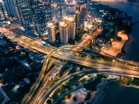 航拍福州闽江跨江桥梁夜景