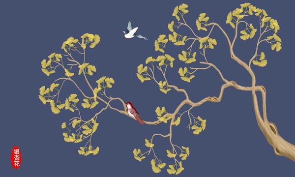 工筆銀杏花鳥畫
