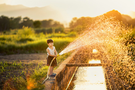 傍晚小男孩在河边给菜园浇水