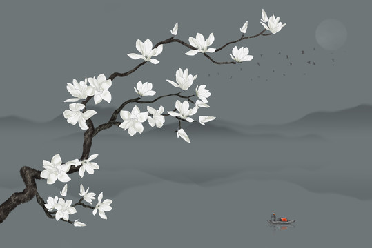 玉蘭花鳥背景墻
