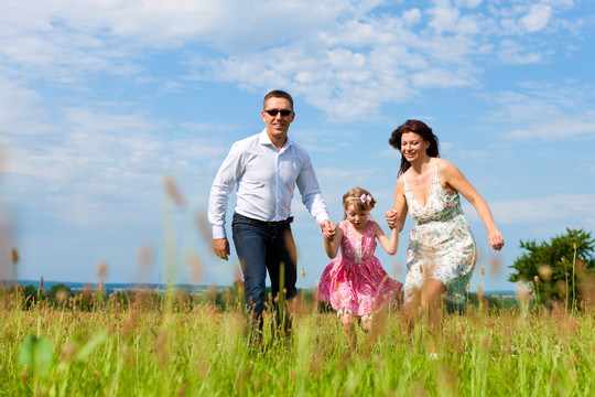 快乐的家庭-母亲，父亲，孩子-在夏天在绿色的草地上奔跑