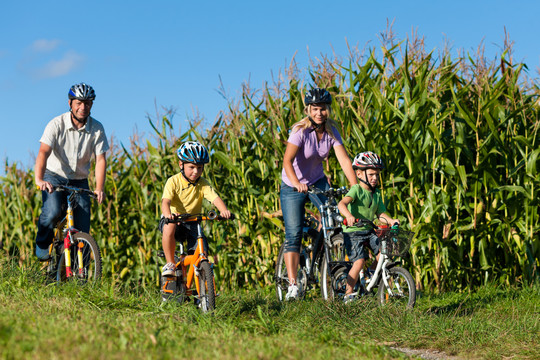 一家人在夏天骑自行车——爸爸、妈妈和两个儿子