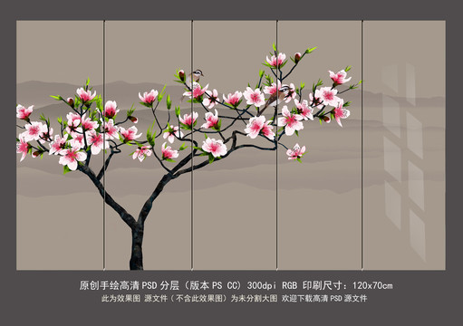 手繪桃花花鳥屏風壁畫