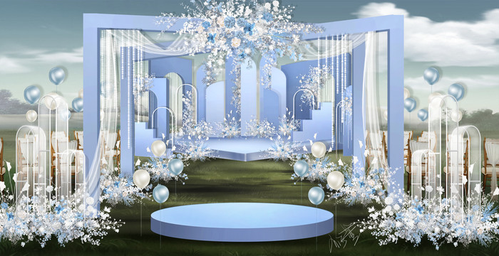 蓝色户外效果图草坪婚礼蓝色舞台
