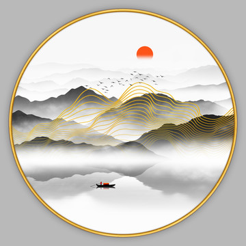 金色线条山水画