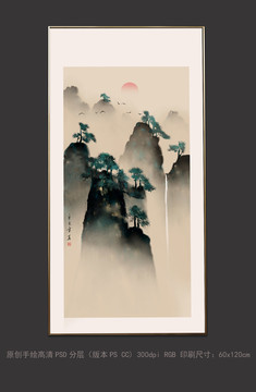 手繪中式玄關(guān)水墨山水裝飾畫