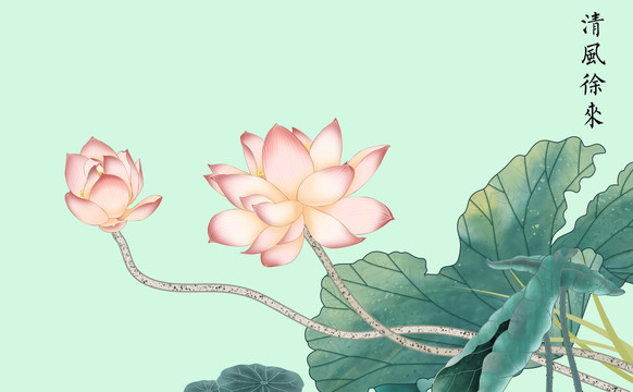 荷花手绘背景墙高端原创