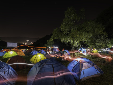 戶外帳篷露營(yíng)地夜景光繪