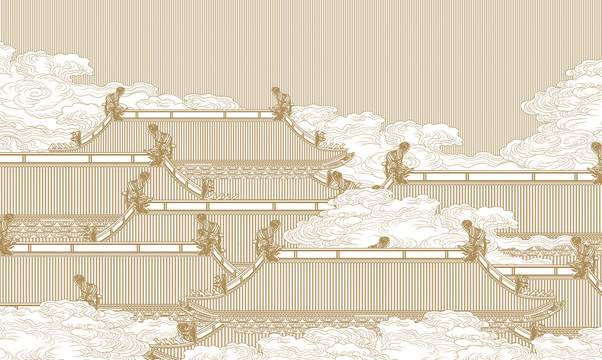 樓閣背景墻皇宮線描高端