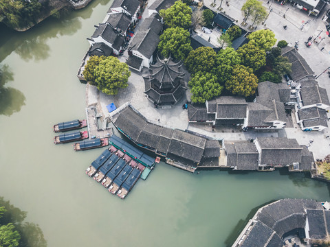 航拍苏州山塘古镇古建筑景观