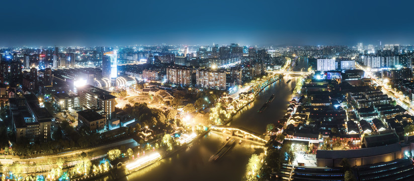 航拍杭州拱宸桥古建筑夜景