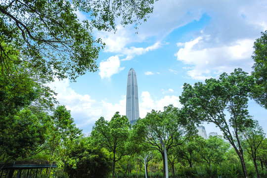 公园里远眺深圳平安金融中心大厦
