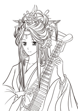 古风美女线描唯美女孩线稿头饰