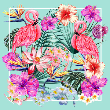 高清矢量火烈鳥蘭花大方巾圖案