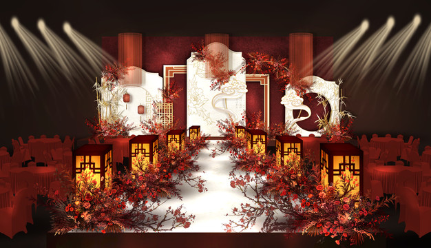 白紅色中式婚禮舞臺效果圖