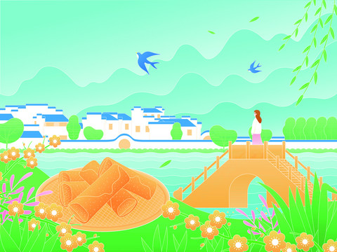 春分立春旅游踏青春卷矢量插畫