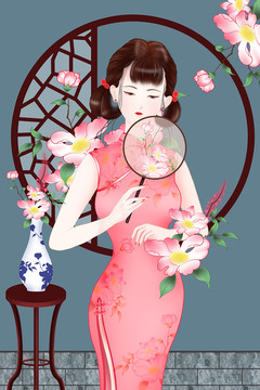 青花瓷手绘旗袍美女人物插画