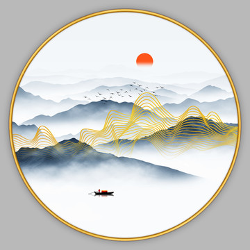 金色线条山水画