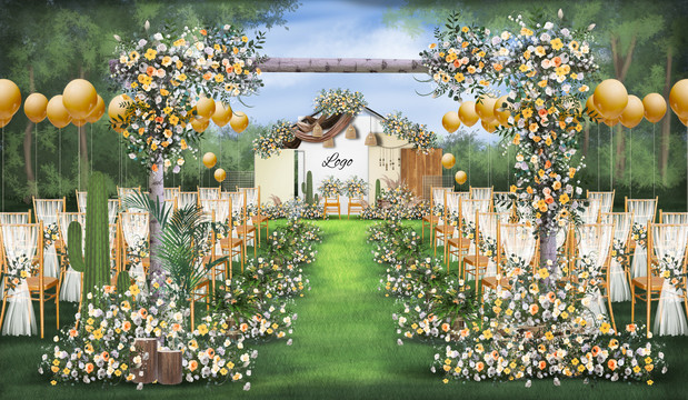 白绿户外草坪婚礼手绘效果图