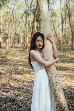 美丽的年轻女子穿着优雅的白色连衣裙拥抱着森林里的一棵树。