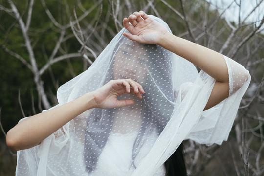 年轻的亚洲长发黑发女子新娘的肖像站在干枯的树前，用白色面纱遮住身体。