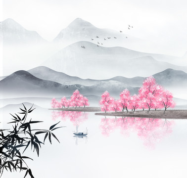 手繪中國(guó)風(fēng)江南春季山水插畫(huà)