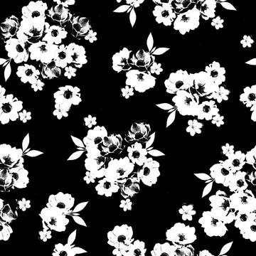黑白手绘碎花花团图服装家纺