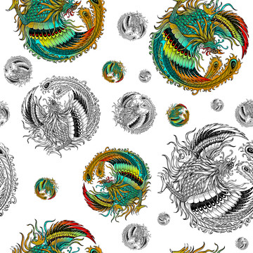 民族風(fēng)鳳凰無縫拼接服裝設(shè)計插畫