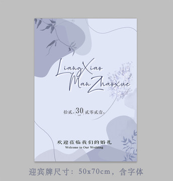 莫蘭迪藍紫線條婚禮迎賓牌