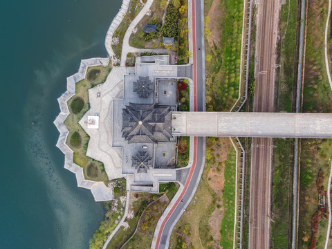 航拍浙江绍兴迪荡湖古建筑风景区