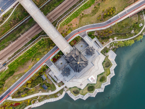 航拍浙江绍兴迪荡湖古建筑景观