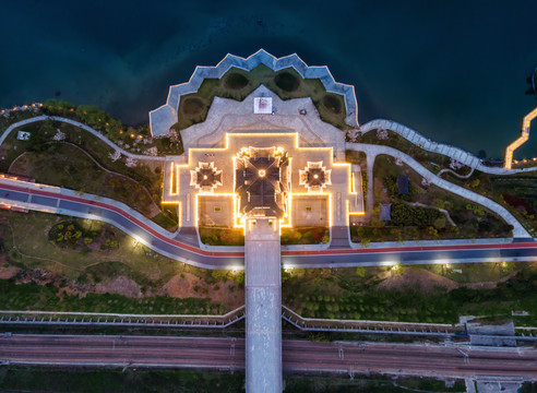 航拍浙江绍兴迪荡湖古建筑夜景